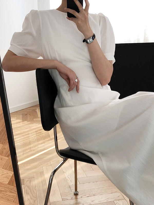 Original Creation Loose Short Sleeves Solid Color Round-Neck Midi Dresses