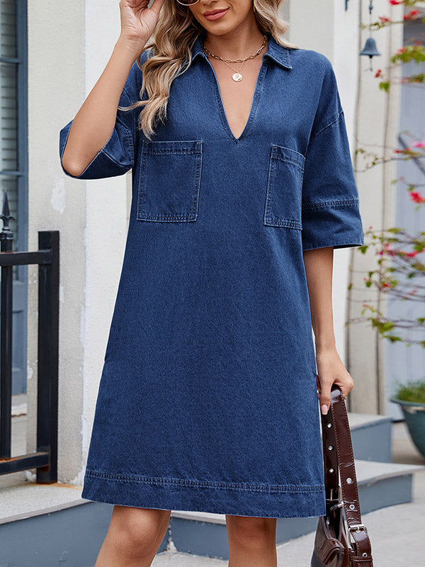 Pockets Solid Color A-line Loose Lapel Mini Dresses