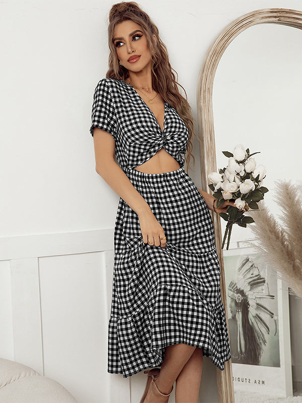 Vacation A-Line Plaid Hollow Midi Dresses