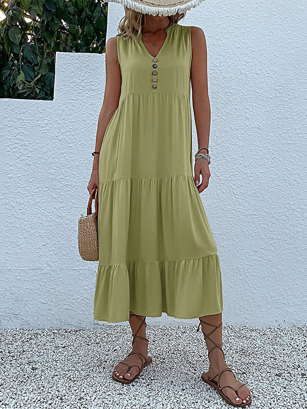 Pleated Split-Joint Loose Sleeveless V-Neck Midi Dresses
