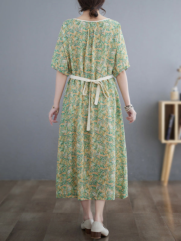 Hollow Pleated Printed Split-Joint Loose Short Sleeves Round-Neck Midi Dresses