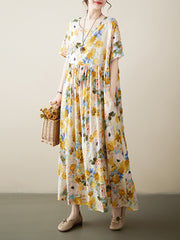 Floral Printed A-line Loose Round-neck Midi Dresses