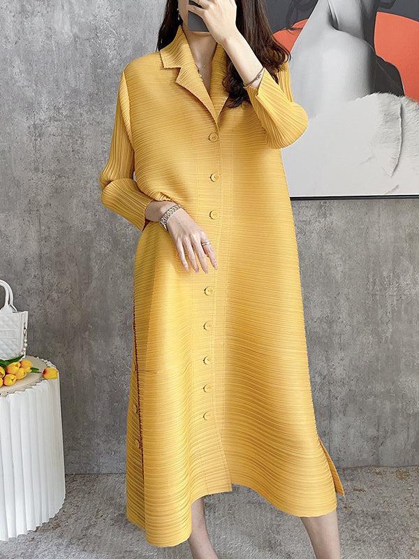 Fashion Solid Color Pleated Long Sleeves Shirt Dress Midi Dress