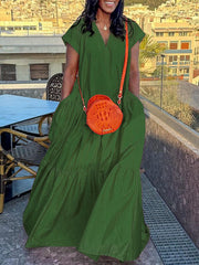 Pleated Pockets Solid Color Split-Joint Loose Short Sleeves V-neck Maxi Dresses