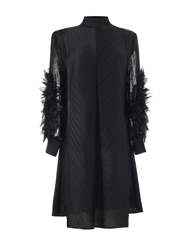 Embroidered Pleated Solid Color Long Sleeves Loose Round-neck Midi Dresses