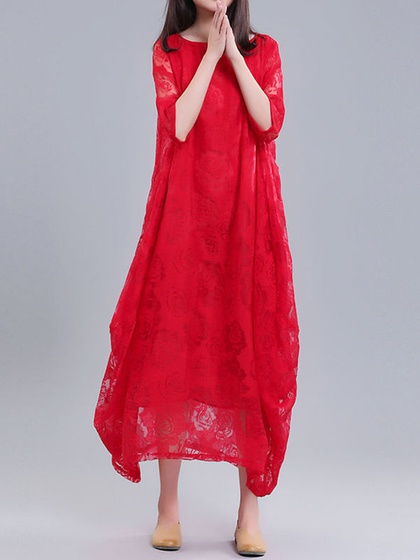 Flower Print See-Through Solid Color A-Line Half Sleeves Round-Neck Midi Dresses