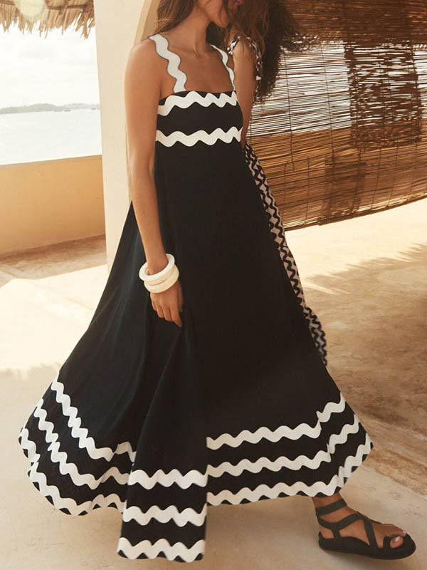 Contrast Color Zipper A-Line High Waisted Square-Neck Midi Dresses