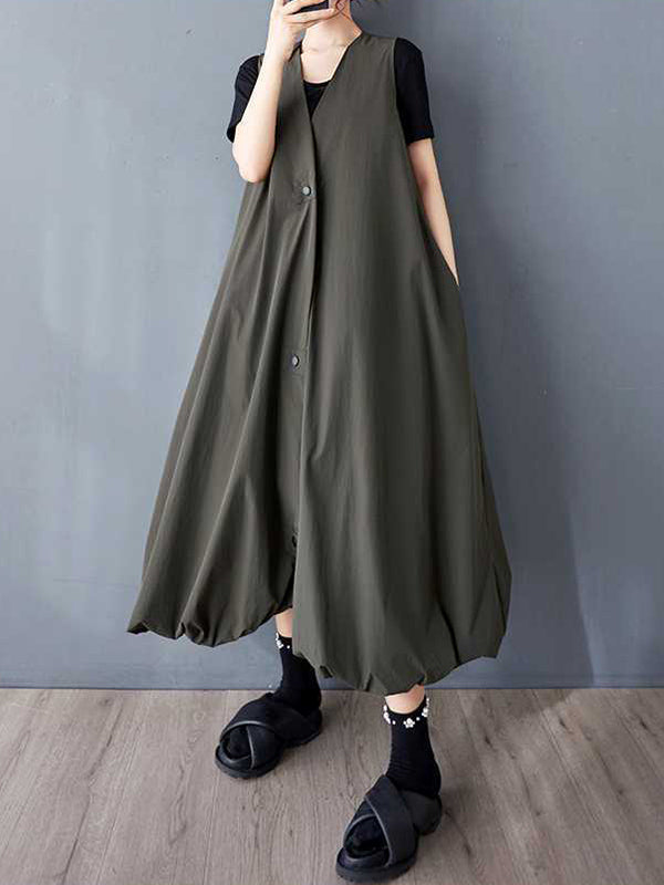 Buttoned Pleated Pockets Solid Color A-Line Loose V-Neck Vest Outerwear Midi Dresses