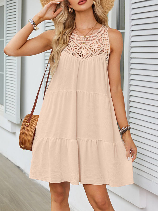 Hollow Pleated Solid Color Split-Joint A-Line Loose Round-Neck Mini Dresses