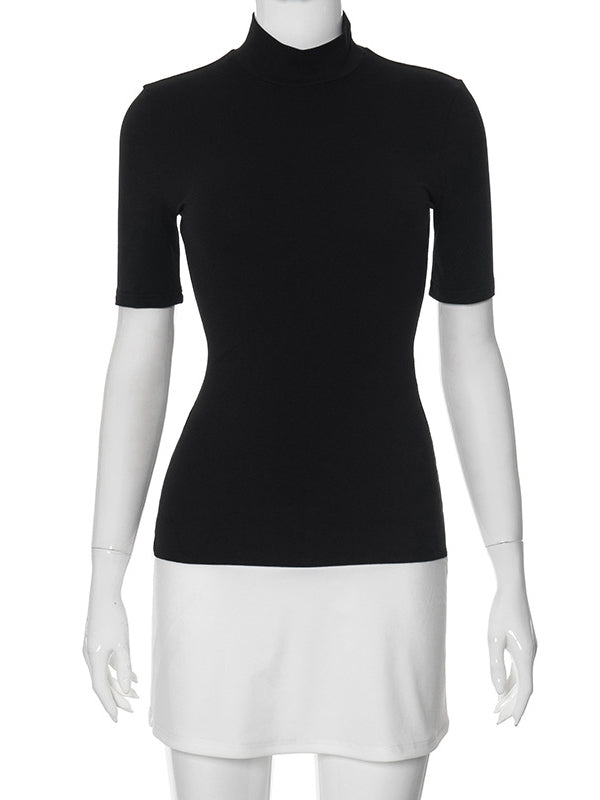 Contrast Color Split-Joint Short Sleeves Skinny High Neck Mini Dresses
