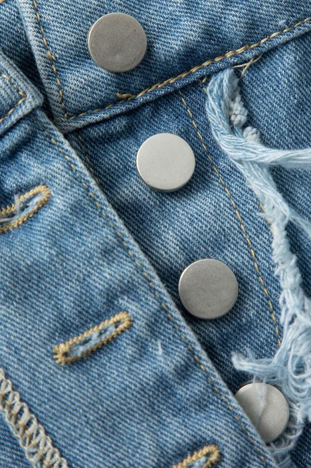 Flap Pocket Frayed Denim Slit Skirt