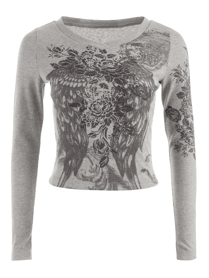 Floral Rhinestone Long Sleeve Crop Top
