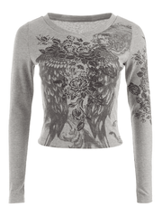 Floral Rhinestone Long Sleeve Crop Top