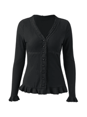 Front Buttons Lace Panel Knit Top