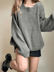 Gray Plaid Pullover Knit Sweater