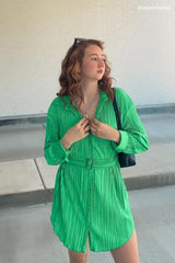 Button-Front Strappy Waisted Pleated Shirts Dress