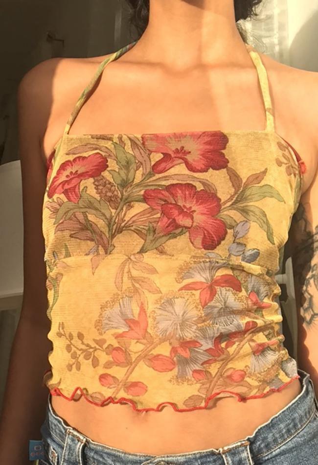 Halter Mesh Floral Crop Cami Top