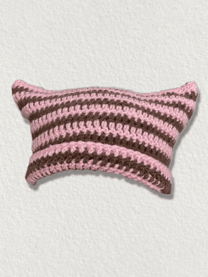 Hand Made Horn Detail Striped Knitted Hat