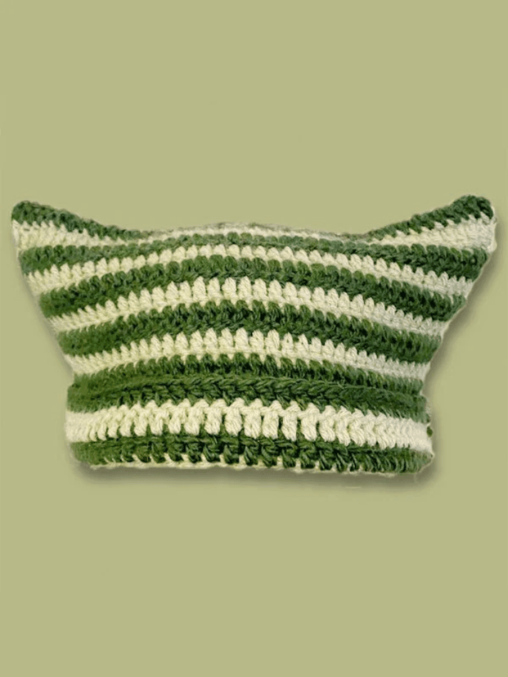 Hand Made Horn Detail Striped Knitted Hat