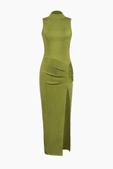 High Neck Sleeveless Slit Midi Dress