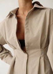 Beige Pleated Waist Mini Shirt Dress