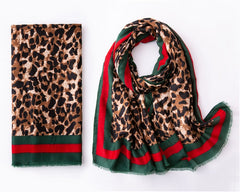 Leopard Print Scarf With  A Red And Green Trim