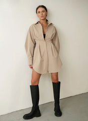 Beige Pleated Waist Mini Shirt Dress