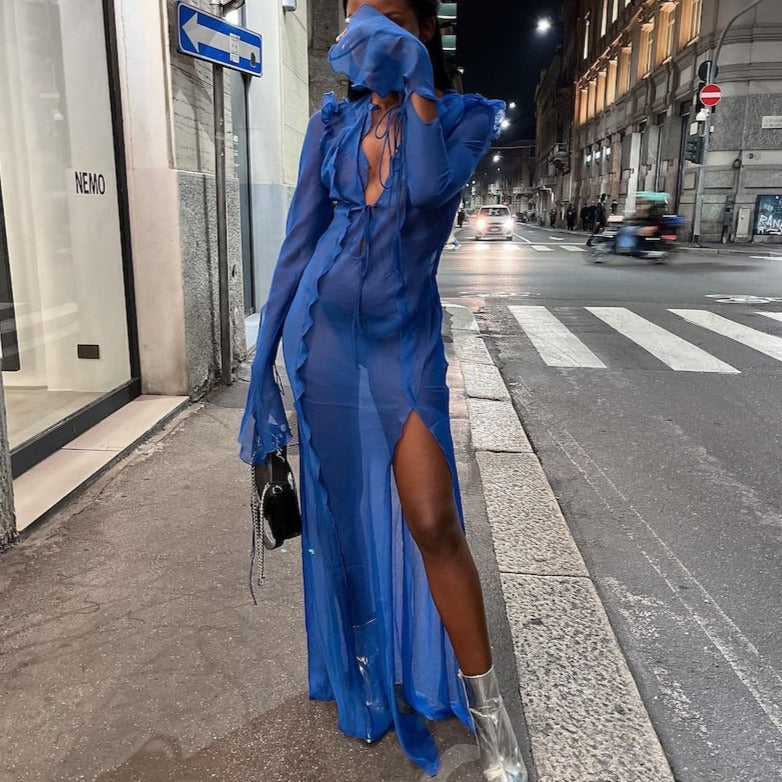 Blue Sheer Maxi Cover Up Dress With Ruffle Details