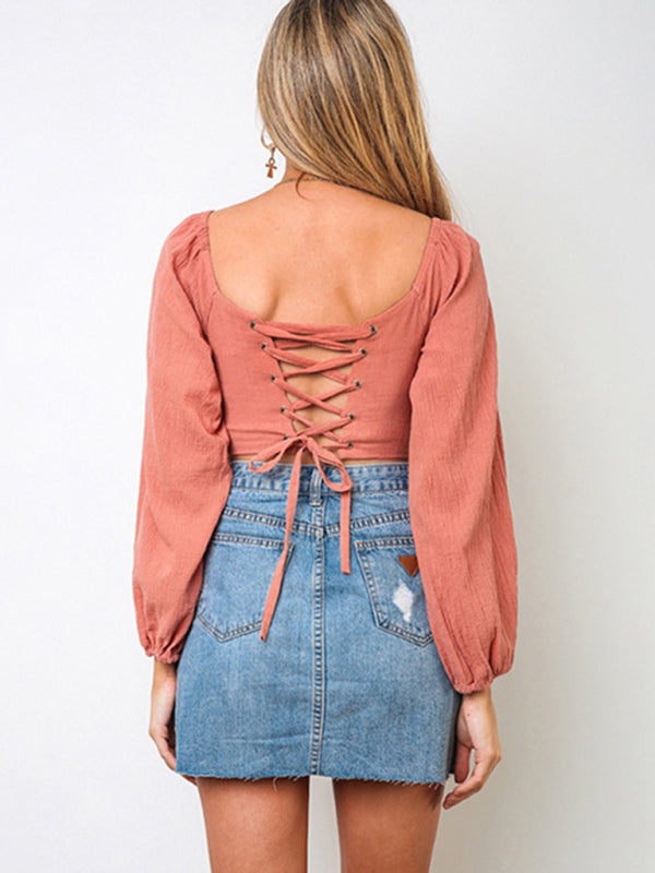 navel long -sleeved strap tied V -neck short tube Crop top