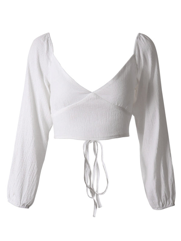 navel long -sleeved strap tied V -neck short tube Crop top