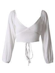 navel long -sleeved strap tied V -neck short tube Crop top