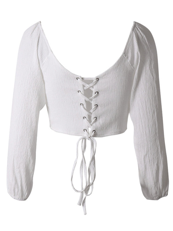 navel long -sleeved strap tied V -neck short tube Crop top