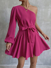 Fashionable Off The Shoulder Long Sleeved Mini Dress With Statement Ribbon Tie Bow