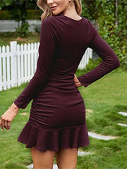 Sexy Mini Skirt Knit Long Sleeve Pleated Body Dress