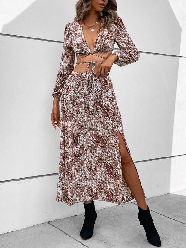 Woven Paisley Vacation Sexy Long Dress Two-Piece Set