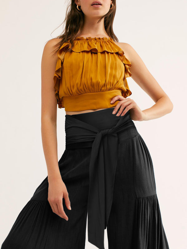 woven strap elastic waist this kind of wide-leg A-type casual trousers