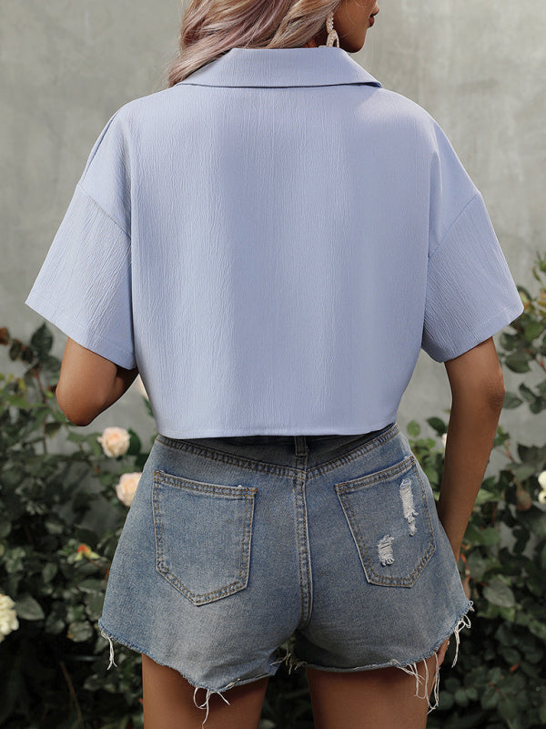 Solid Color Tie Front Short Sleeve Button Down Crop Shirt