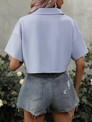Solid Color Tie Front Short Sleeve Button Down Crop Shirt