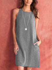 Woven Casual Cotton Linen Comfortable Round Neck Sleeveless Dress