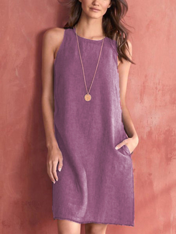 Woven Casual Cotton Linen Comfortable Round Neck Sleeveless Dress