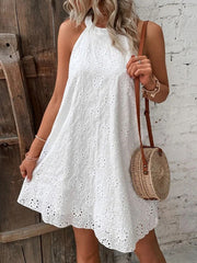 Solid Color Cotton Embroidered Fabric Sleeveless Dress