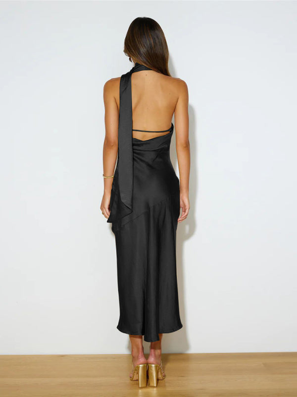 Satin Design Slit Dress Sexy Backless Evening Gown