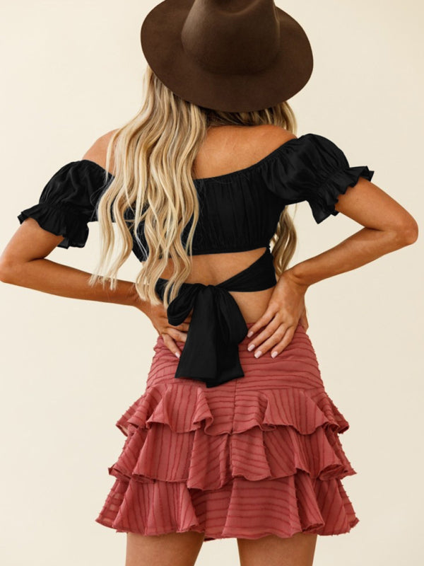 Oktoberfest sexy one-neck tie-back short-sleeved crop top ruffle top