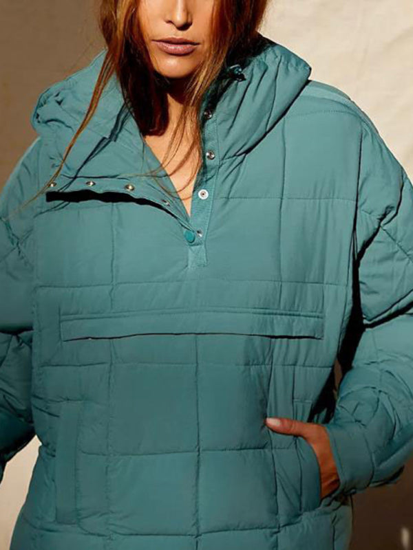 Solid Color Hooded Cotton Foldable Padded Pullover Pocket Long Sleeve Jacket