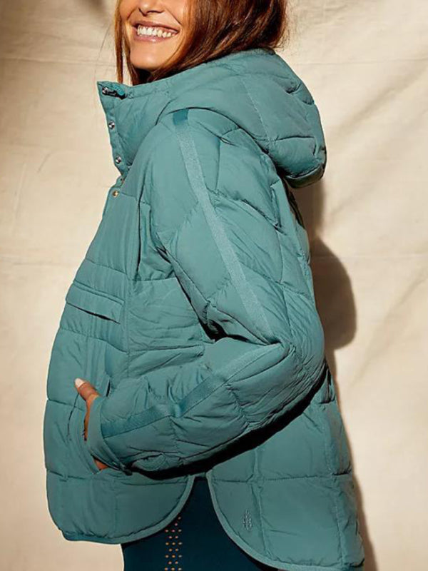 Solid Color Hooded Cotton Foldable Padded Pullover Pocket Long Sleeve Jacket