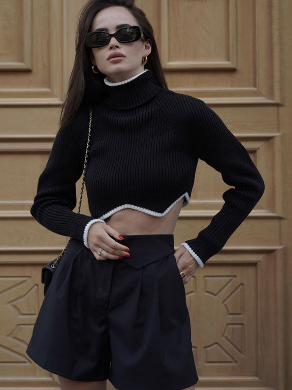 turtleneck short sweater with irregular hem crop top long sleeve turtle neck top