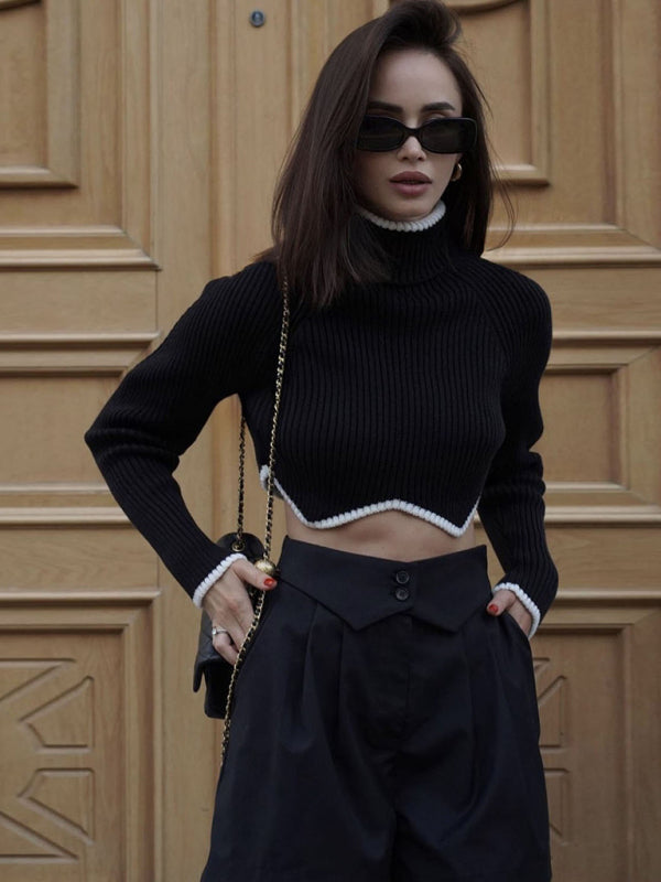 turtleneck short sweater with irregular hem crop top long sleeve turtle neck top