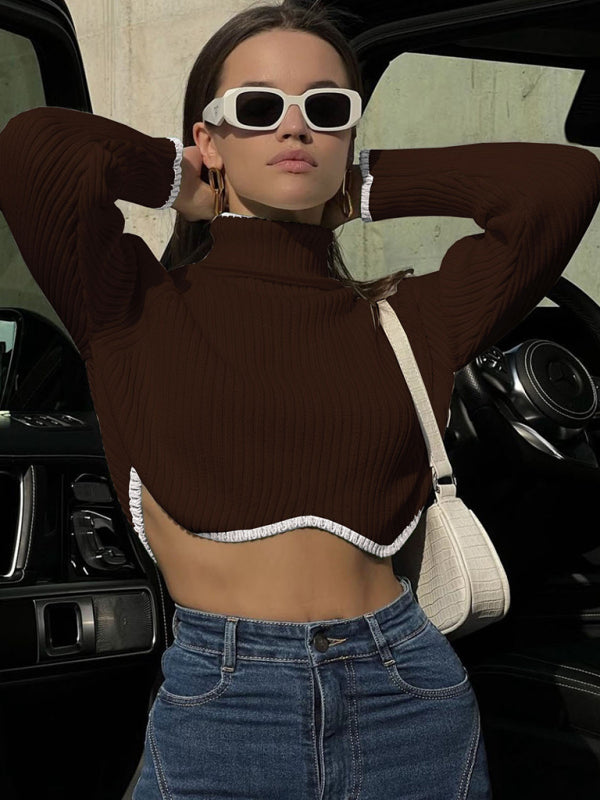 turtleneck short sweater with irregular hem crop top long sleeve turtle neck top