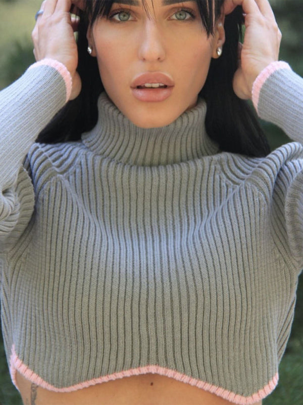 turtleneck short sweater with irregular hem crop top long sleeve turtle neck top