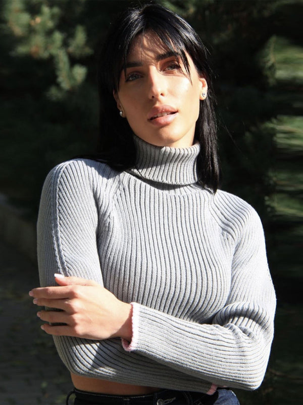 turtleneck short sweater with irregular hem crop top long sleeve turtle neck top